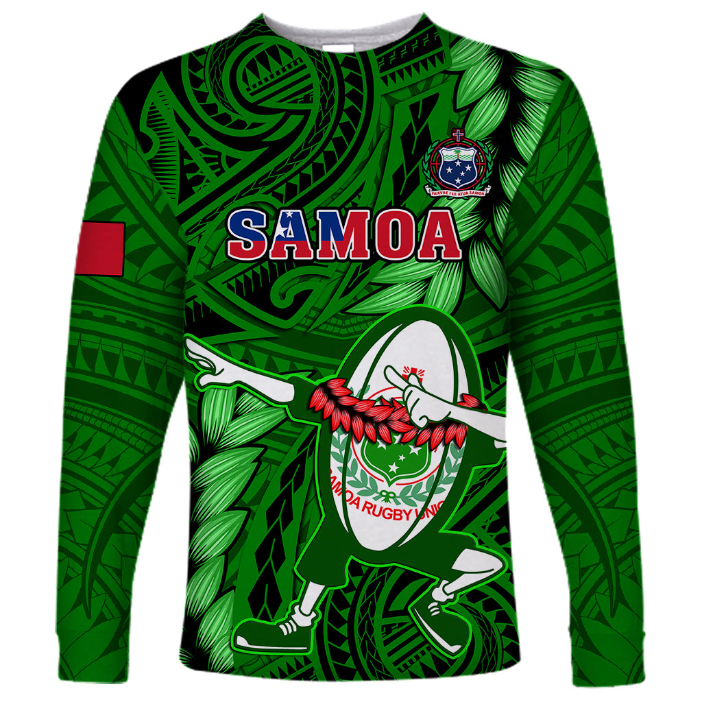 Samoa Rugby Long Sleeve Shirt Manu Samoa Ula Fala Dabbing Ball Polynesian Green Version LT14 Unisex Green - Polynesian Pride