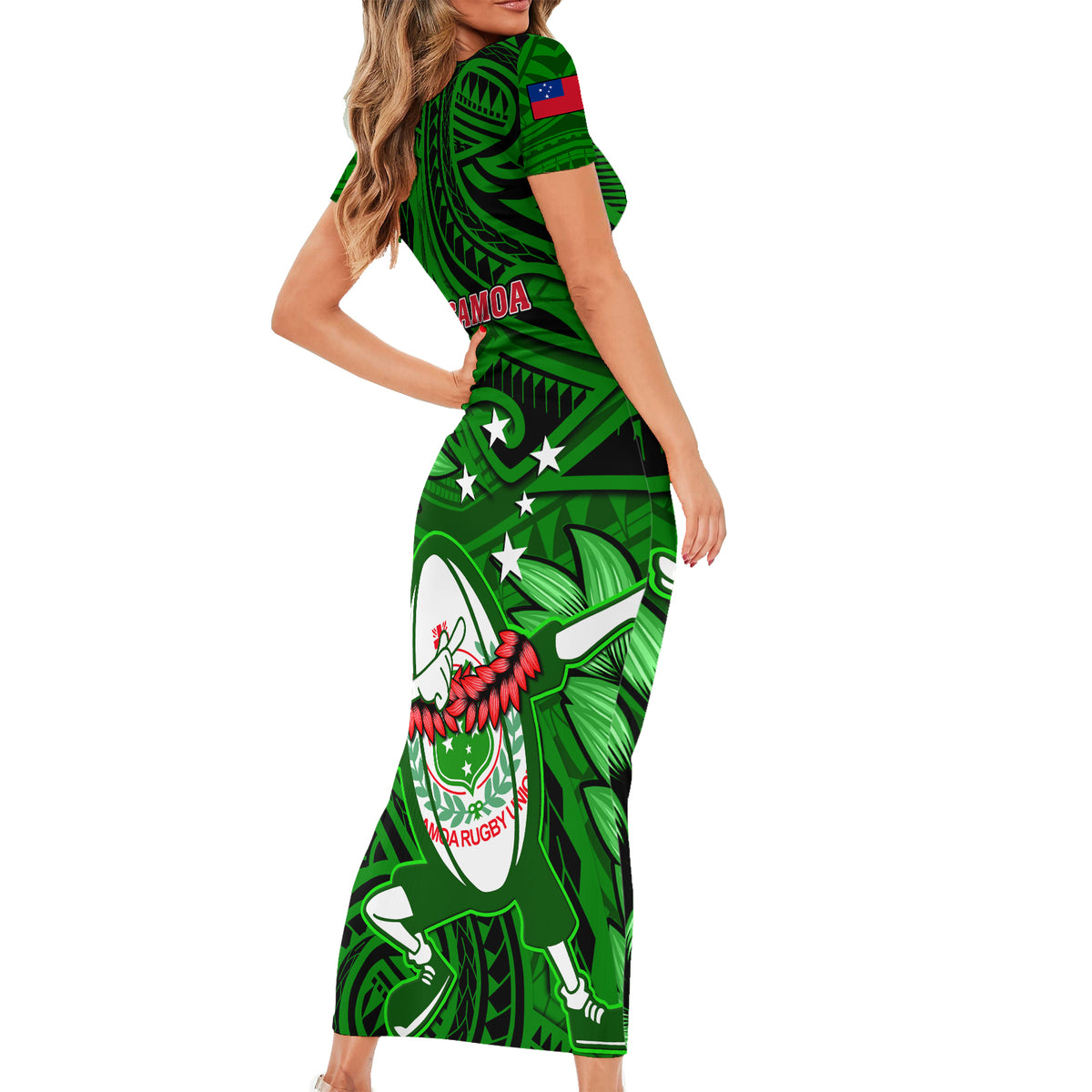 Samoa Rugby Short Sleeve Bodycon Dress Manu Samoa Ula Fala Dabbing Ball Polynesian Green Version LT14 - Polynesian Pride