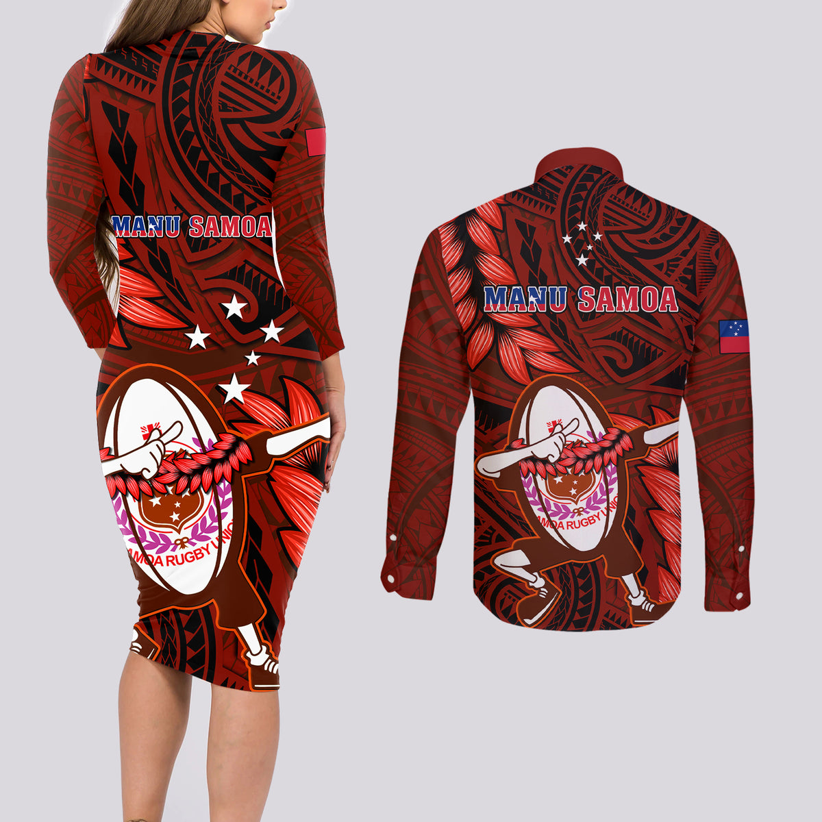 Samoa Rugby Couples Matching Long Sleeve Bodycon Dress and Long Sleeve Button Shirts Manu Samoa Ula Fala Dabbing Ball Polynesian Red Version LT14 - Polynesian Pride