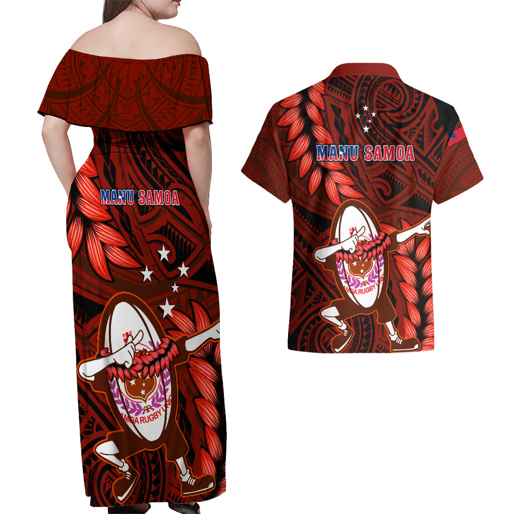 Samoa Rugby Couples Matching Off Shoulder Maxi Dress and Hawaiian Shirt Manu Samoa Ula Fala Dabbing Ball Polynesian Red Version LT14 - Polynesian Pride