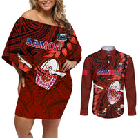 Samoa Rugby Couples Matching Off Shoulder Short Dress and Long Sleeve Button Shirts Manu Samoa Ula Fala Dabbing Ball Polynesian Red Version LT14 Red - Polynesian Pride