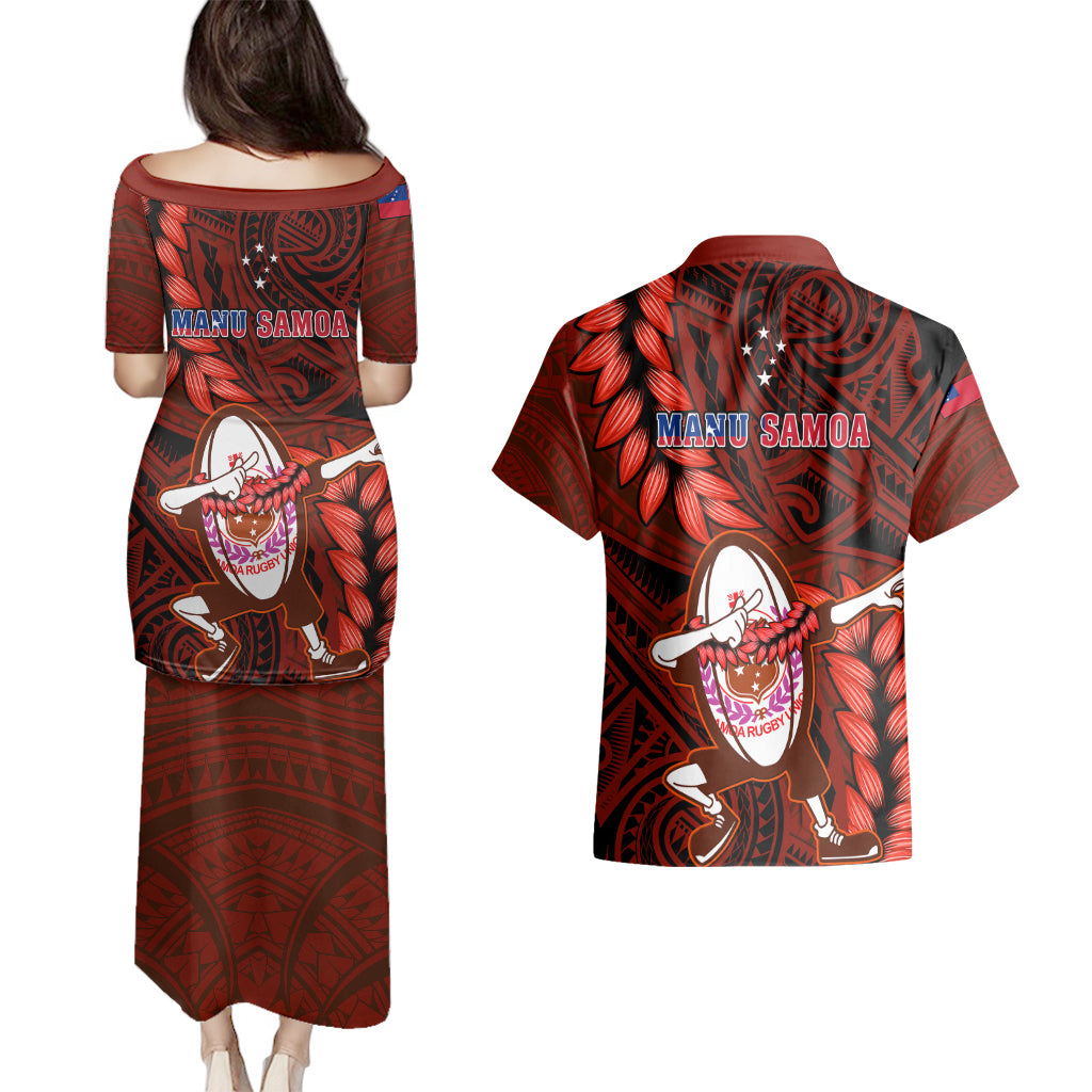 Samoa Rugby Couples Matching Puletasi Dress and Hawaiian Shirt Manu Samoa Ula Fala Dabbing Ball Polynesian Red Version LT14 - Polynesian Pride