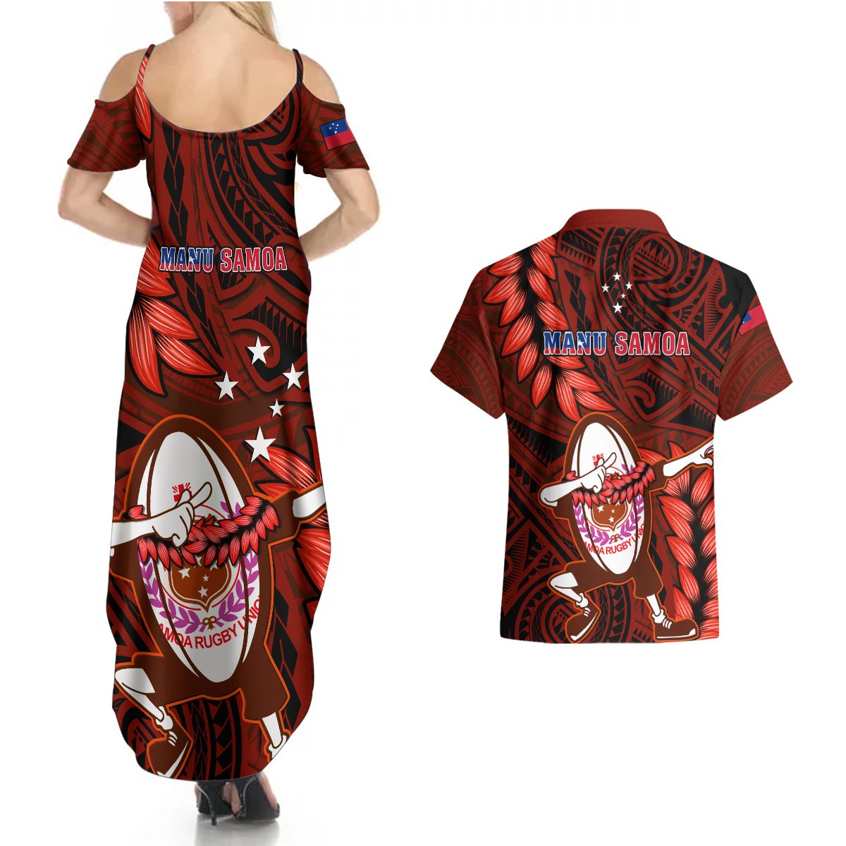 Samoa Rugby Couples Matching Summer Maxi Dress and Hawaiian Shirt Manu Samoa Ula Fala Dabbing Ball Polynesian Red Version LT14 - Polynesian Pride