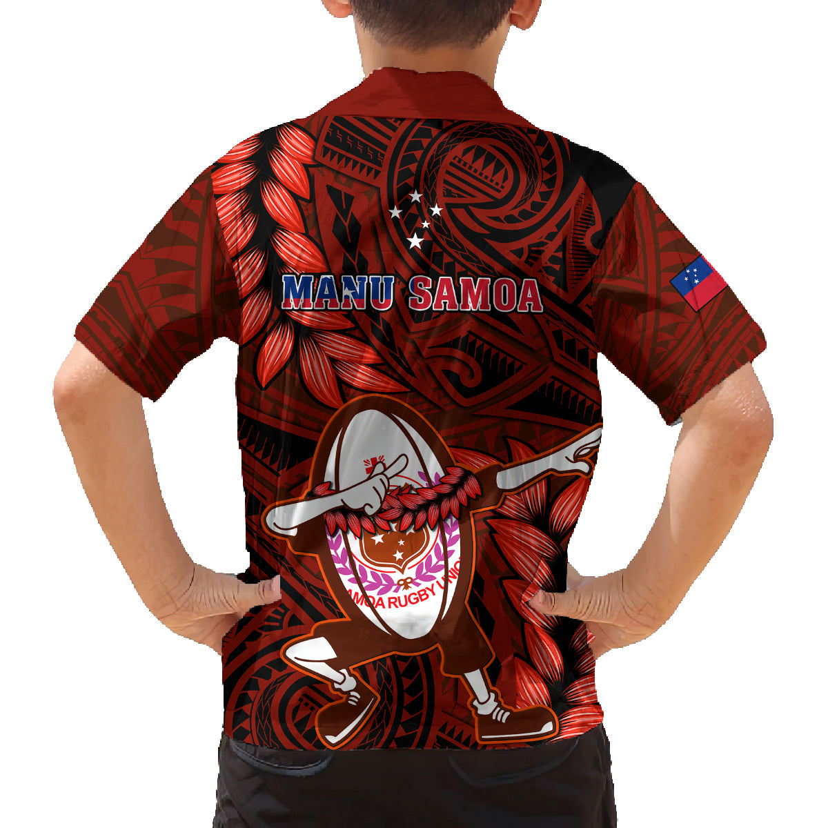 Samoa Rugby Family Matching Off Shoulder Long Sleeve Dress and Hawaiian Shirt Manu Samoa Ula Fala Dabbing Ball Polynesian Red Version LT14 - Polynesian Pride