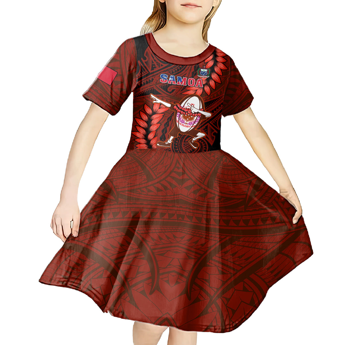 Samoa Rugby Kid Short Sleeve Dress Manu Samoa Ula Fala Dabbing Ball Polynesian Red Version LT14 - Polynesian Pride