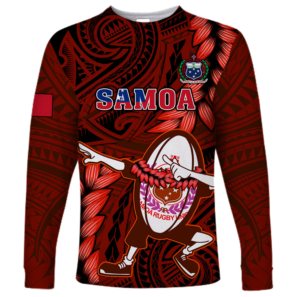 Samoa Rugby Long Sleeve Shirt Manu Samoa Ula Fala Dabbing Ball Polynesian Red Version LT14 Unisex Red - Polynesian Pride