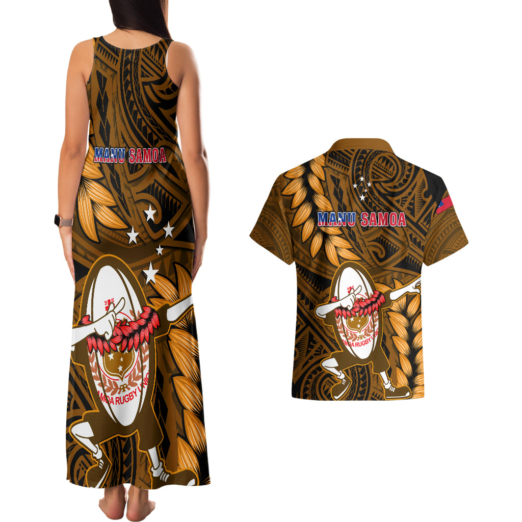 Samoa Rugby Couples Matching Tank Maxi Dress and Hawaiian Shirt Manu Samoa Ula Fala Dabbing Ball Polynesian Gold Version LT14 - Polynesian Pride