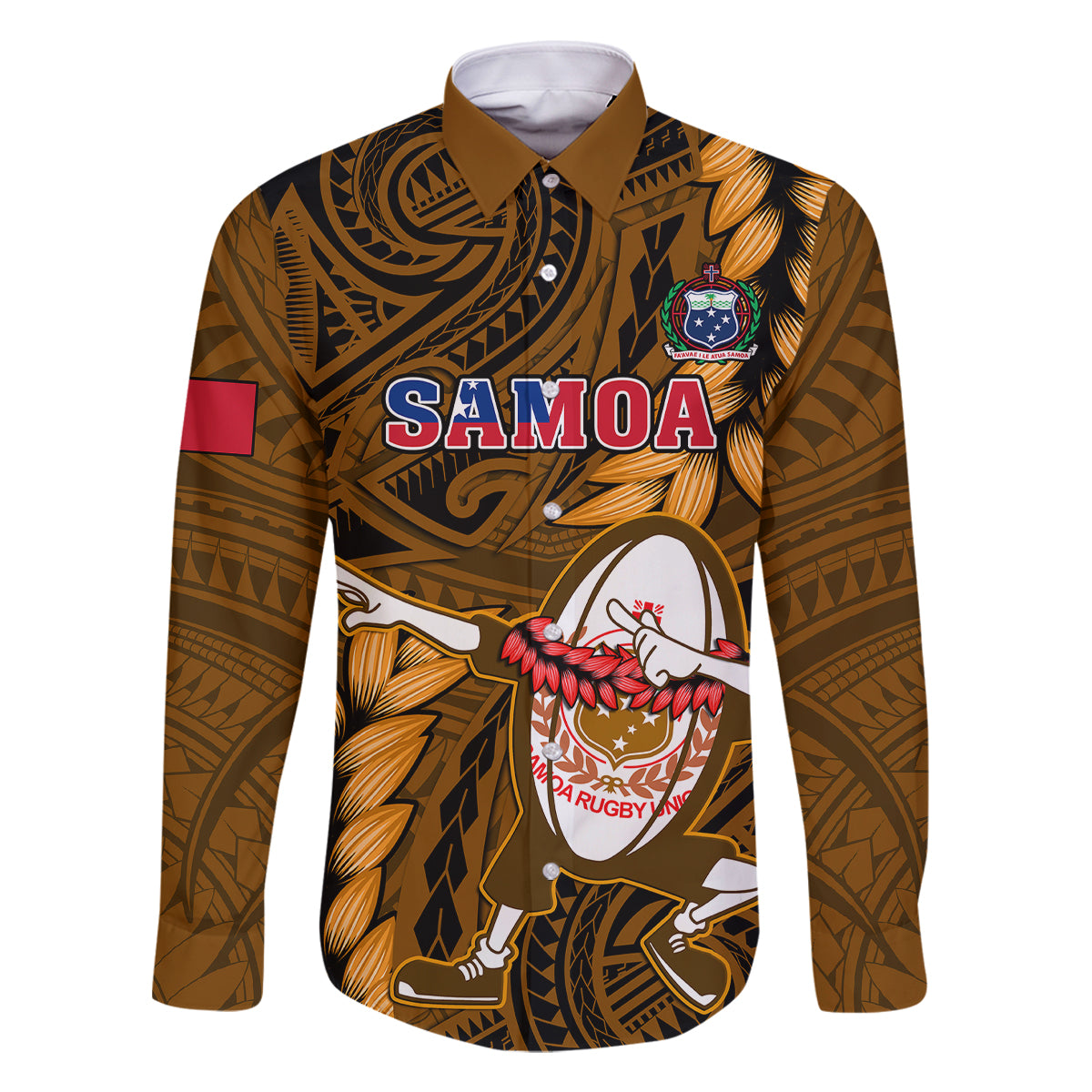 Samoa Rugby Family Matching Long Sleeve Bodycon Dress and Hawaiian Shirt Manu Samoa Ula Fala Dabbing Ball Polynesian Gold Version LT14 - Polynesian Pride