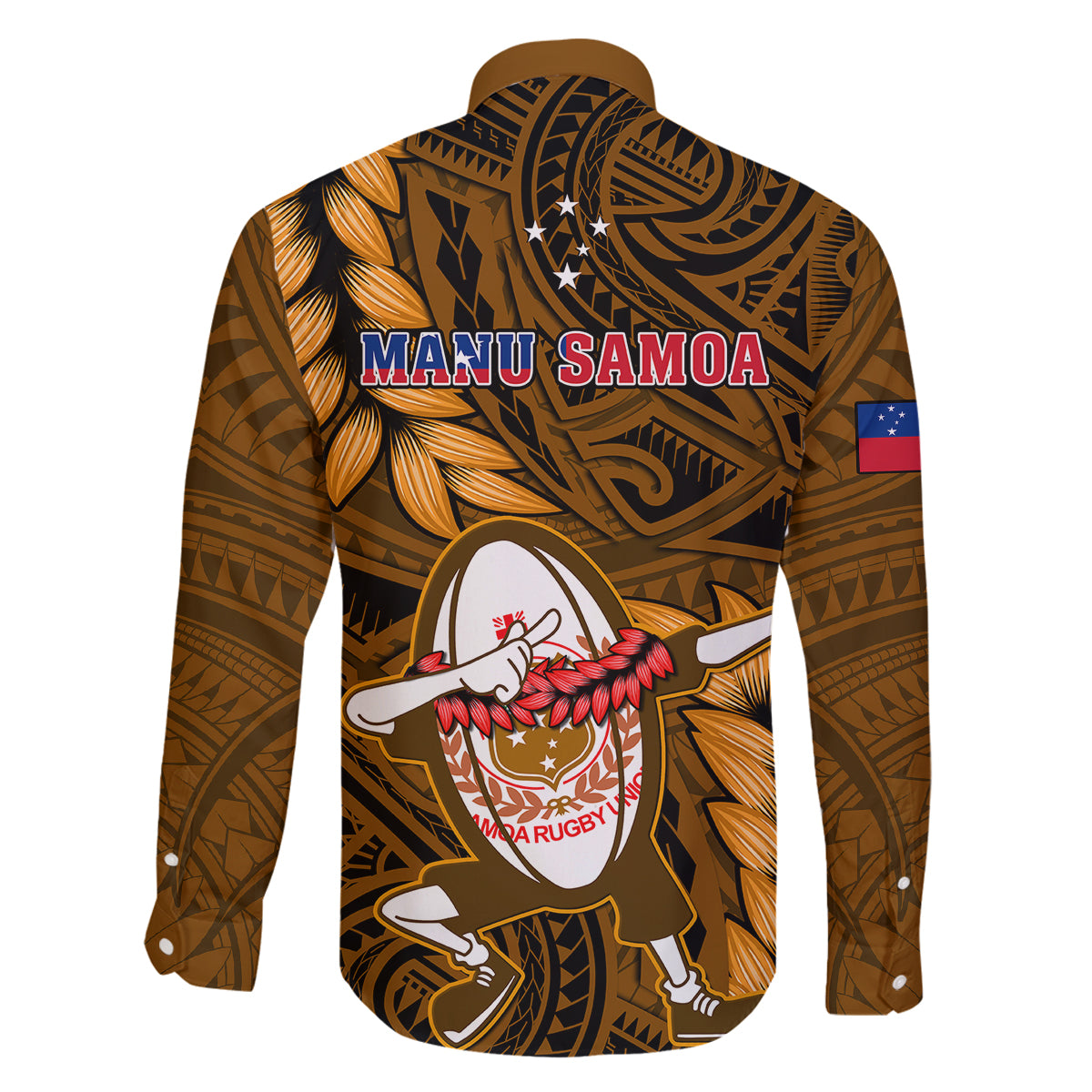 Samoa Rugby Family Matching Off Shoulder Maxi Dress and Hawaiian Shirt Manu Samoa Ula Fala Dabbing Ball Polynesian Gold Version LT14 - Polynesian Pride