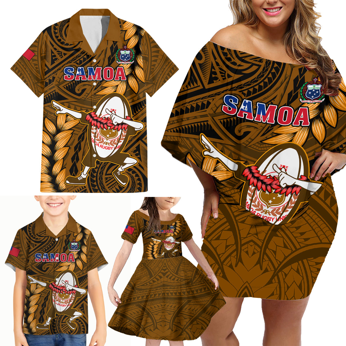 Samoa Rugby Family Matching Off Shoulder Short Dress and Hawaiian Shirt Manu Samoa Ula Fala Dabbing Ball Polynesian Gold Version LT14 Gold - Polynesian Pride