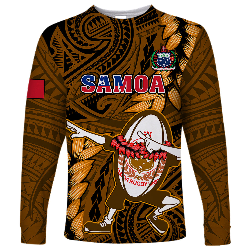 Samoa Rugby Long Sleeve Shirt Manu Samoa Ula Fala Dabbing Ball Polynesian Gold Version LT14 Unisex Gold - Polynesian Pride