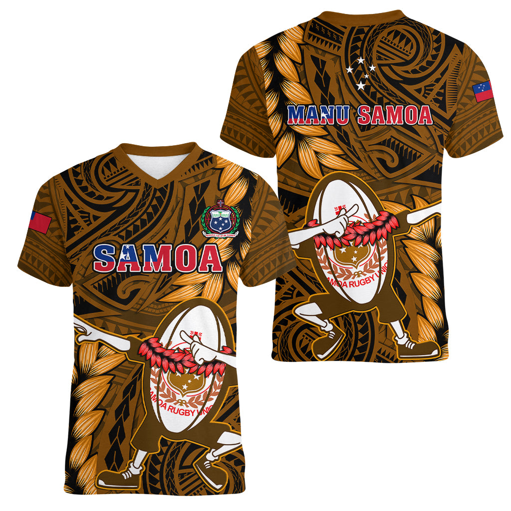 Samoa Rugby Women V Neck T Shirt Manu Samoa Ula Fala Dabbing Ball Polynesian Gold Version LT14 - Polynesian Pride