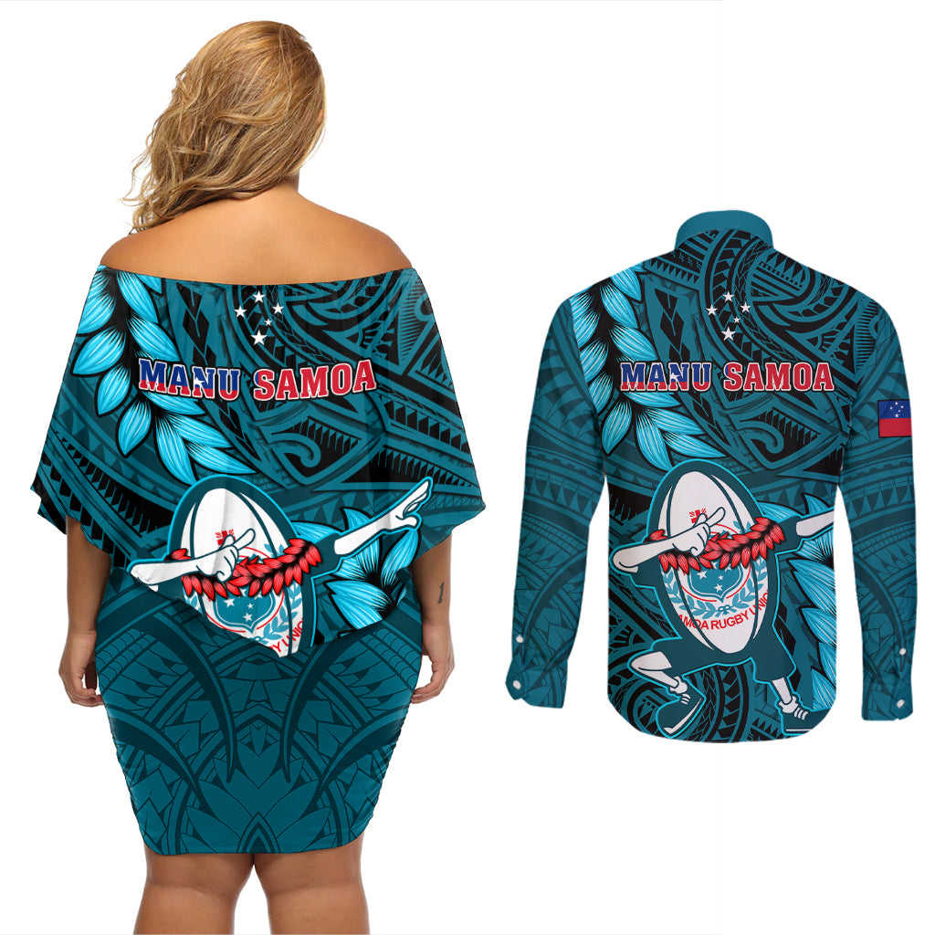 Samoa Rugby Couples Matching Off Shoulder Short Dress and Long Sleeve Button Shirts Manu Samoa Ula Fala Dabbing Ball Polynesian Turquoise Version LT14 - Polynesian Pride