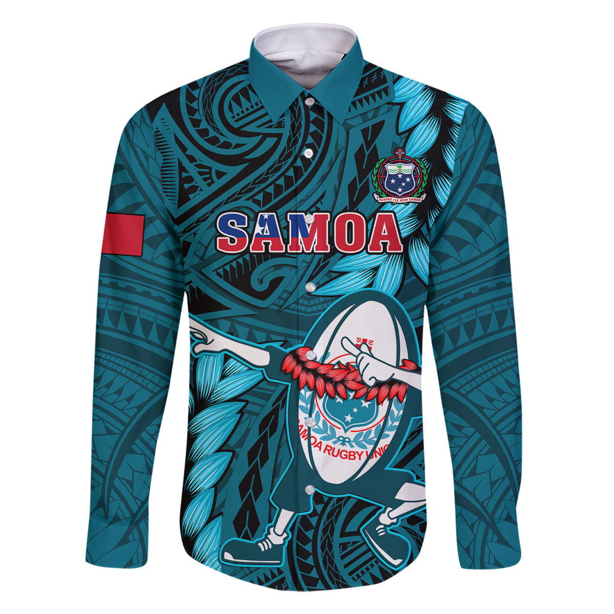 Samoa Rugby Family Matching Puletasi Dress and Hawaiian Shirt Manu Samoa Ula Fala Dabbing Ball Polynesian Turquoise Version LT14 - Polynesian Pride