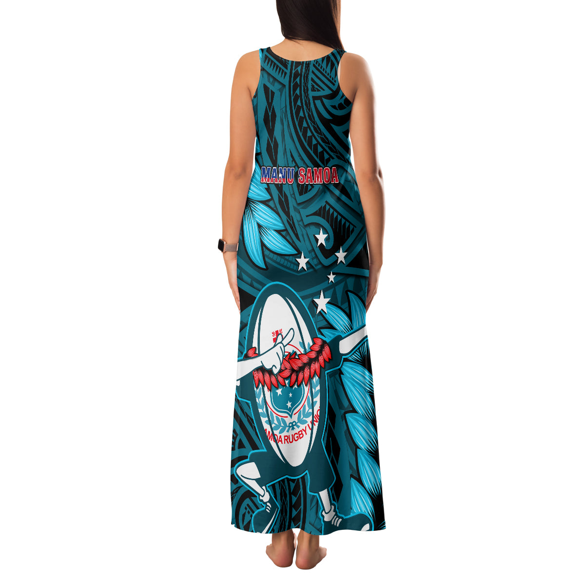 Samoa Rugby Family Matching Tank Maxi Dress and Hawaiian Shirt Manu Samoa Ula Fala Dabbing Ball Polynesian Turquoise Version LT14 - Polynesian Pride