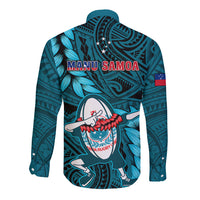 Samoa Rugby Long Sleeve Button Shirt Manu Samoa Ula Fala Dabbing Ball Polynesian Turquoise Version LT14 - Polynesian Pride