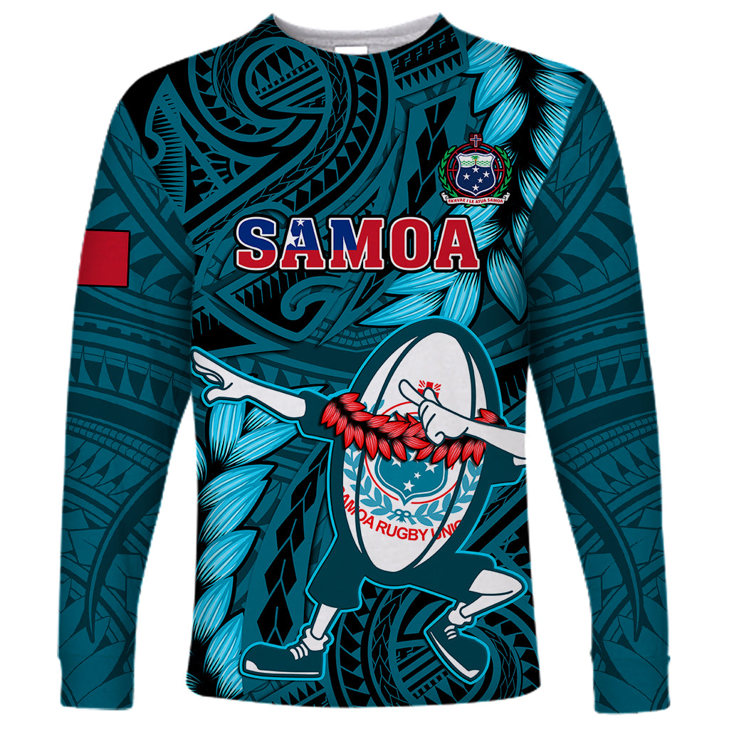 Samoa Rugby Long Sleeve Shirt Manu Samoa Ula Fala Dabbing Ball Polynesian Turquoise Version LT14 Unisex Turquoise - Polynesian Pride