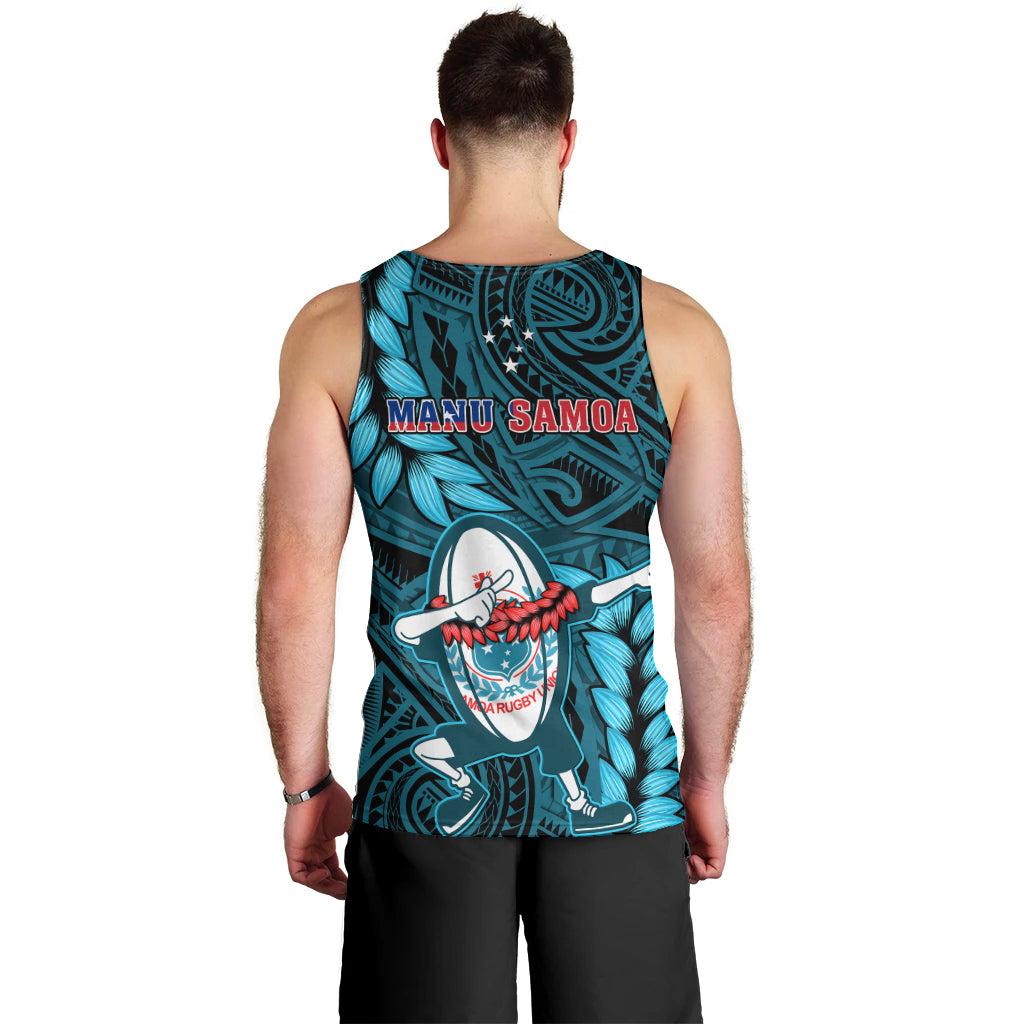 Samoa Rugby Men Tank Top Manu Samoa Ula Fala Dabbing Ball Polynesian Turquoise Version LT14 - Polynesian Pride