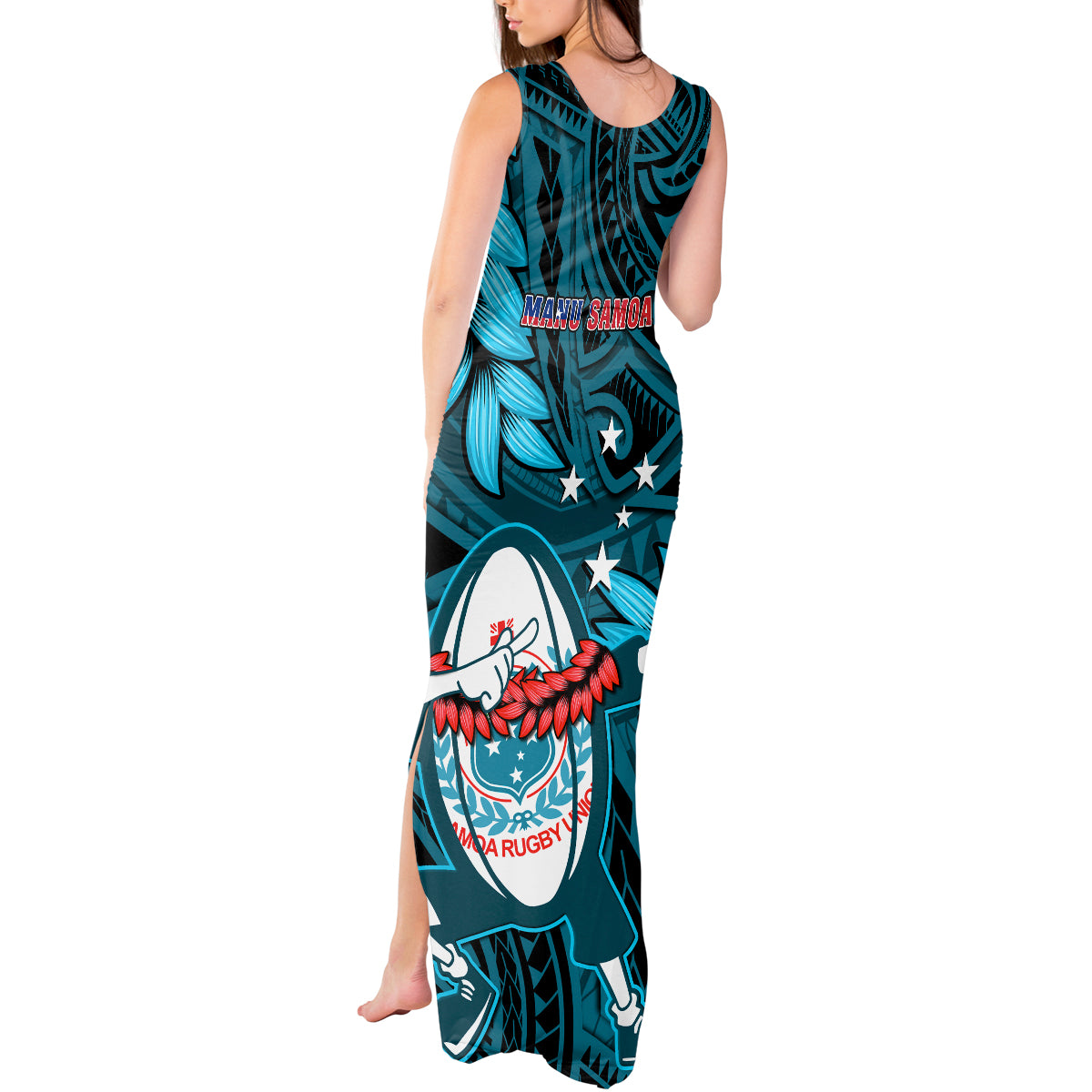 Samoa Rugby Tank Maxi Dress Manu Samoa Ula Fala Dabbing Ball Polynesian Turquoise Version LT14 - Polynesian Pride