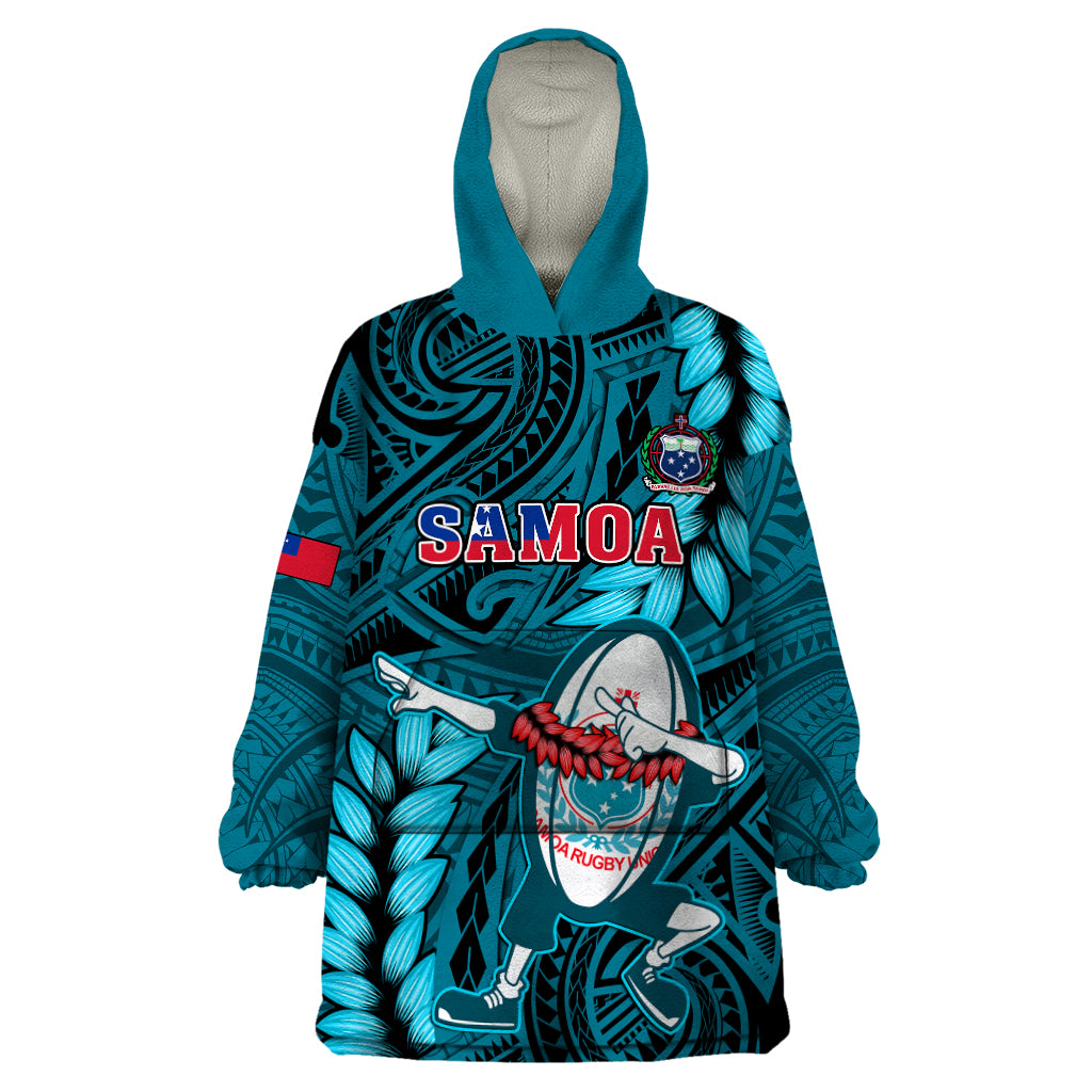 Samoa Rugby Wearable Blanket Hoodie Manu Samoa Ula Fala Dabbing Ball Polynesian Turquoise Version LT14 One Size Turquoise - Polynesian Pride