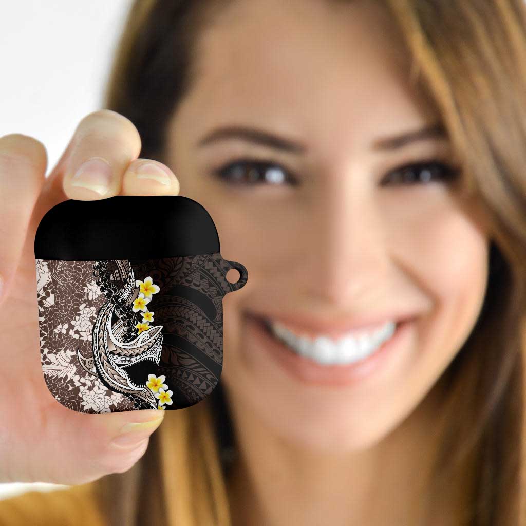 Brown and Black Hawaii Shark Tattoo AirPods Case Puakenikeni Lei Plumeria Polynesian Pattern - Polynesian Pride