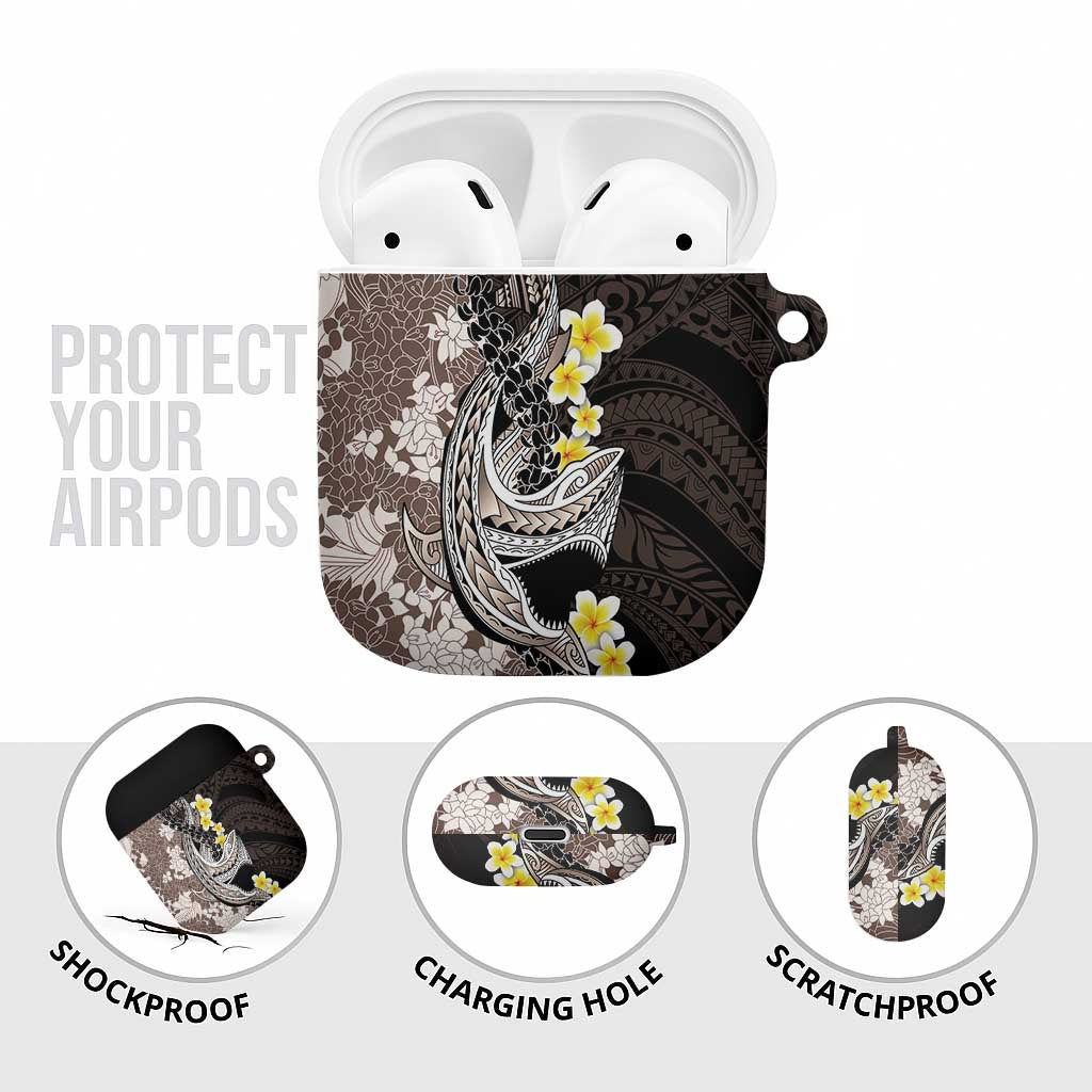 Brown and Black Hawaii Shark Tattoo AirPods Case Puakenikeni Lei Plumeria Polynesian Pattern - Polynesian Pride