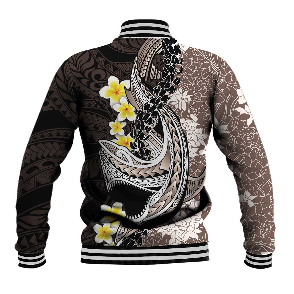 Brown and Black Hawaii Shark Tattoo Baseball Jacket Puakenikeni Lei Plumeria Polynesian Pattern - Polynesian Pride