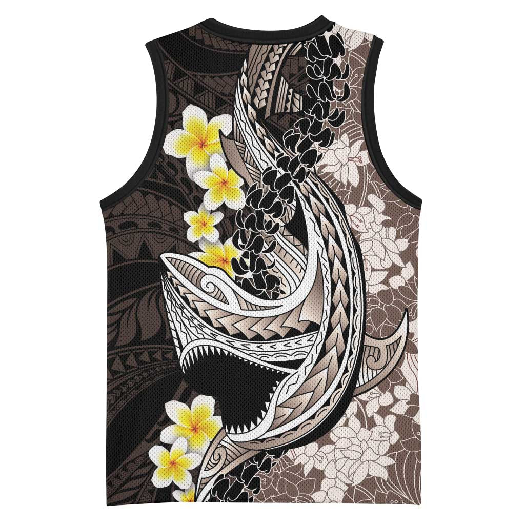 Brown and Black Hawaii Shark Tattoo Basketball Jersey Puakenikeni Lei Plumeria Polynesian Pattern - Polynesian Pride