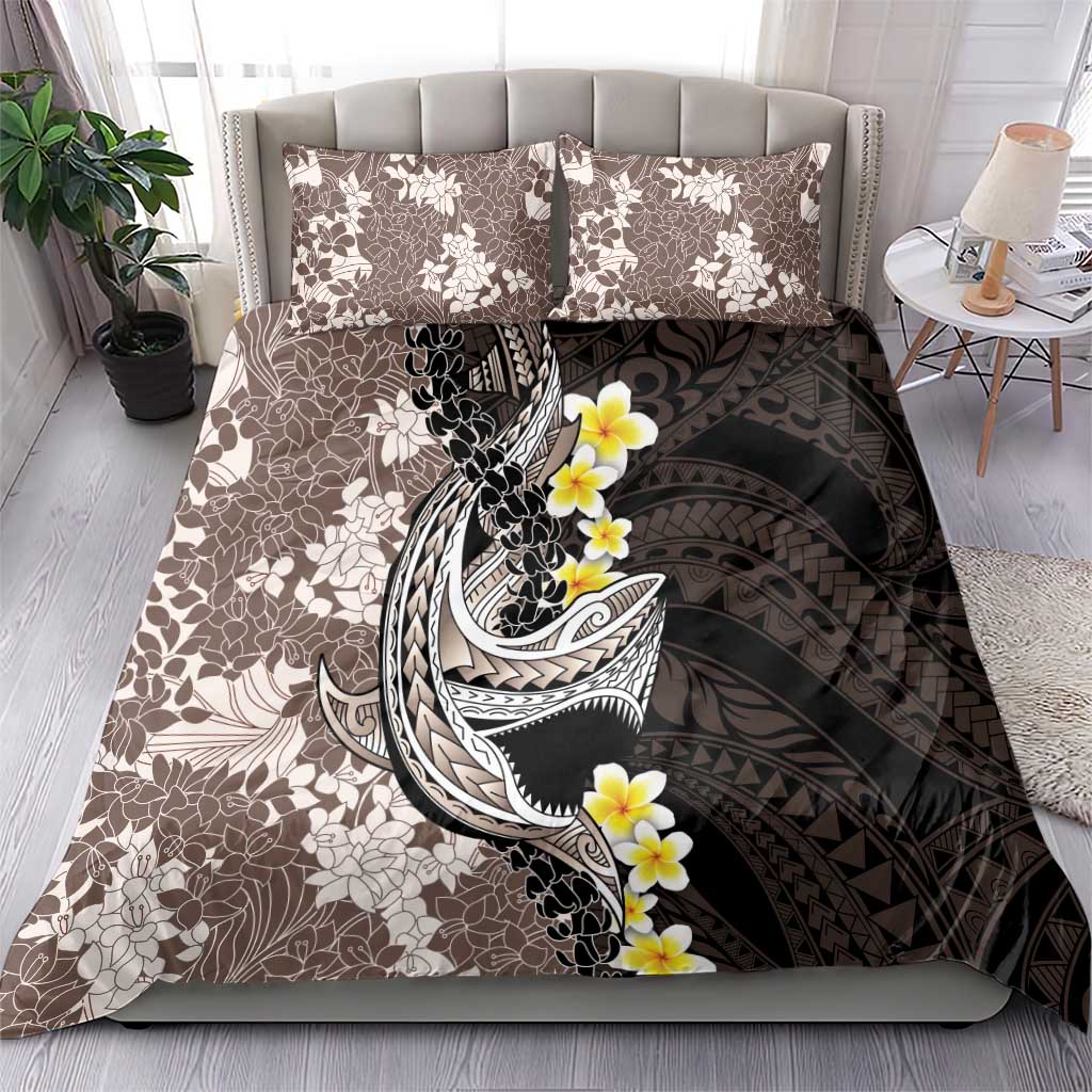 Brown and Black Hawaii Shark Tattoo Bedding Set Puakenikeni Lei Plumeria Polynesian Pattern - Polynesian Pride