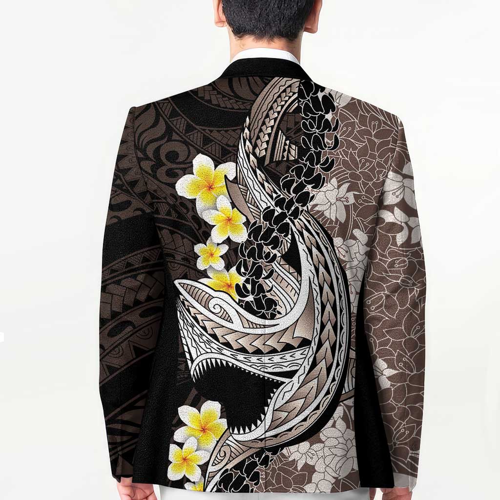Brown and Black Hawaii Shark Tattoo Blazer Puakenikeni Lei Plumeria Polynesian Pattern - Polynesian Pride
