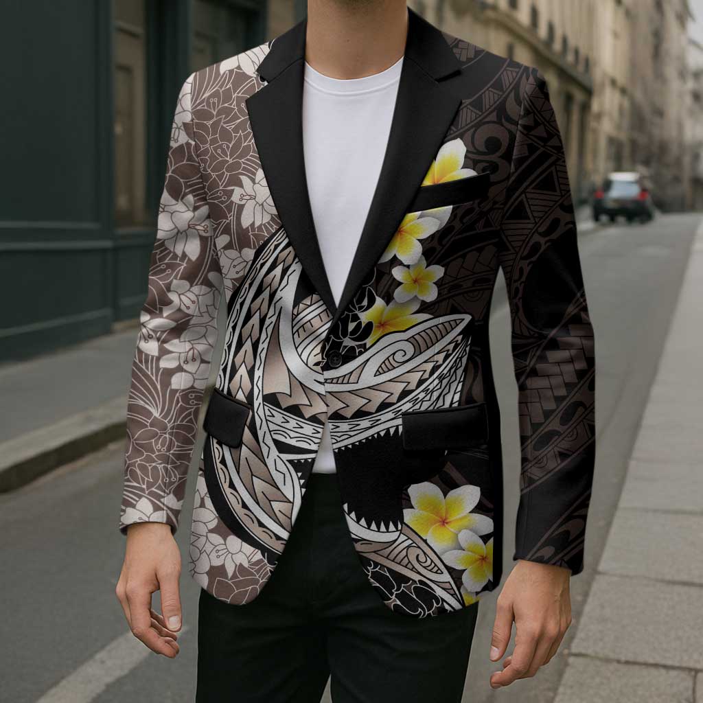 Brown and Black Hawaii Shark Tattoo Blazer Puakenikeni Lei Plumeria Polynesian Pattern - Polynesian Pride
