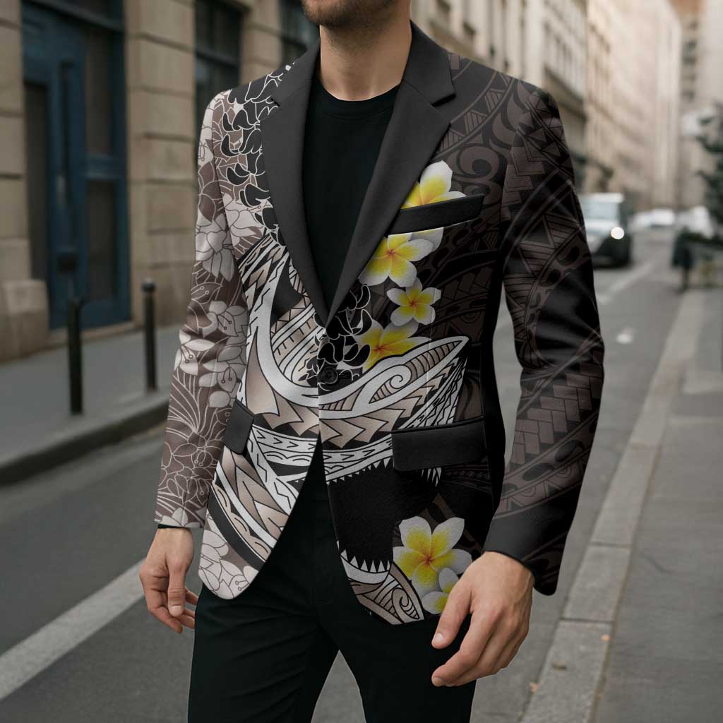 Brown and Black Hawaii Shark Tattoo Blazer Puakenikeni Lei Plumeria Polynesian Pattern - Polynesian Pride