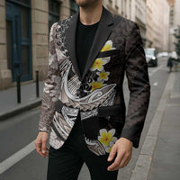 Brown and Black Hawaii Shark Tattoo Blazer Puakenikeni Lei Plumeria Polynesian Pattern - Polynesian Pride