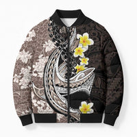 Brown and Black Hawaii Shark Tattoo Bomber Puffer Jacket Puakenikeni Lei Plumeria Polynesian Pattern - Polynesian Pride