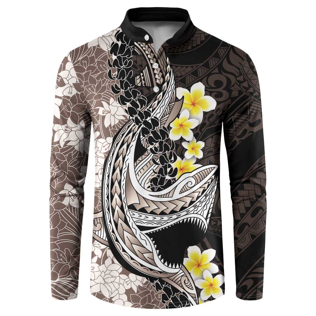 Brown and Black Hawaii Shark Tattoo Button Sweatshirt Puakenikeni Lei Plumeria Polynesian Pattern - Polynesian Pride