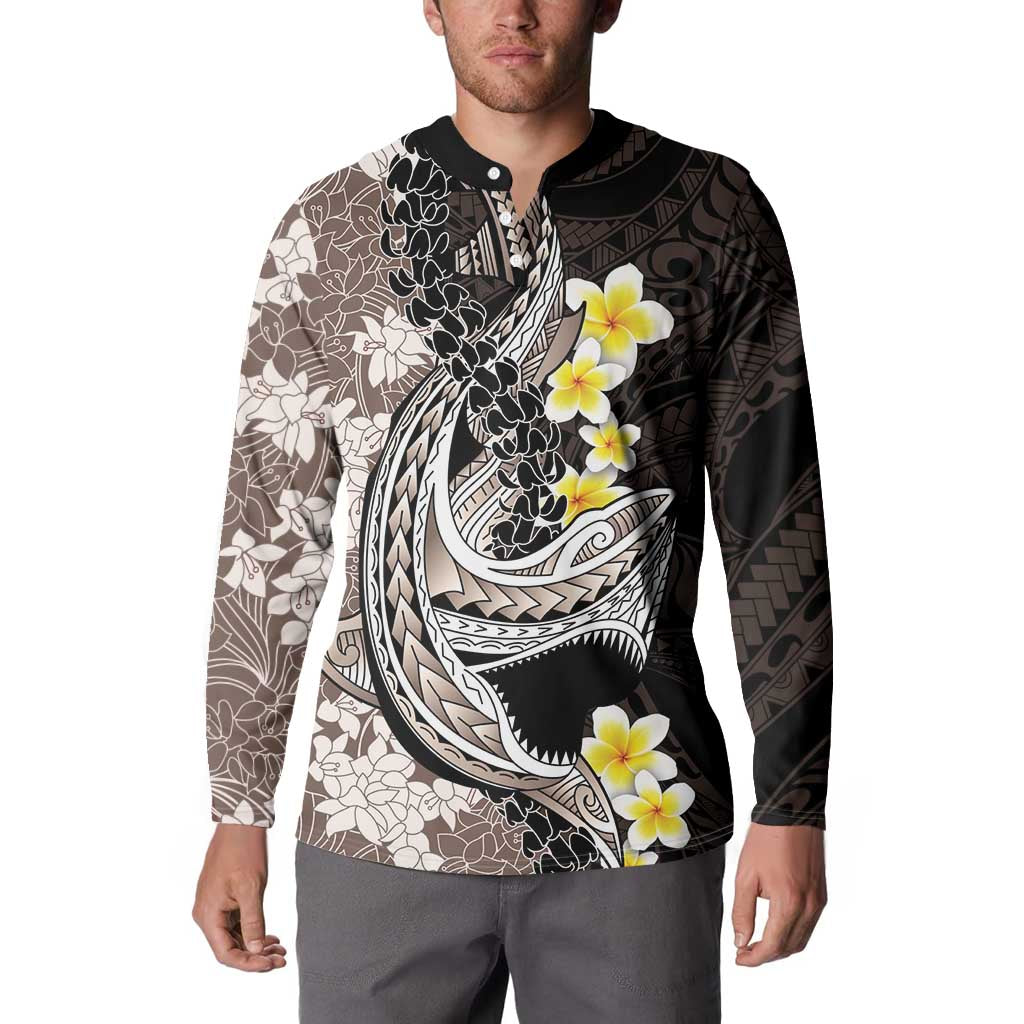 Brown and Black Hawaii Shark Tattoo Button Sweatshirt Puakenikeni Lei Plumeria Polynesian Pattern - Polynesian Pride