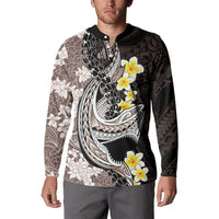 Brown and Black Hawaii Shark Tattoo Button Sweatshirt Puakenikeni Lei Plumeria Polynesian Pattern - Polynesian Pride