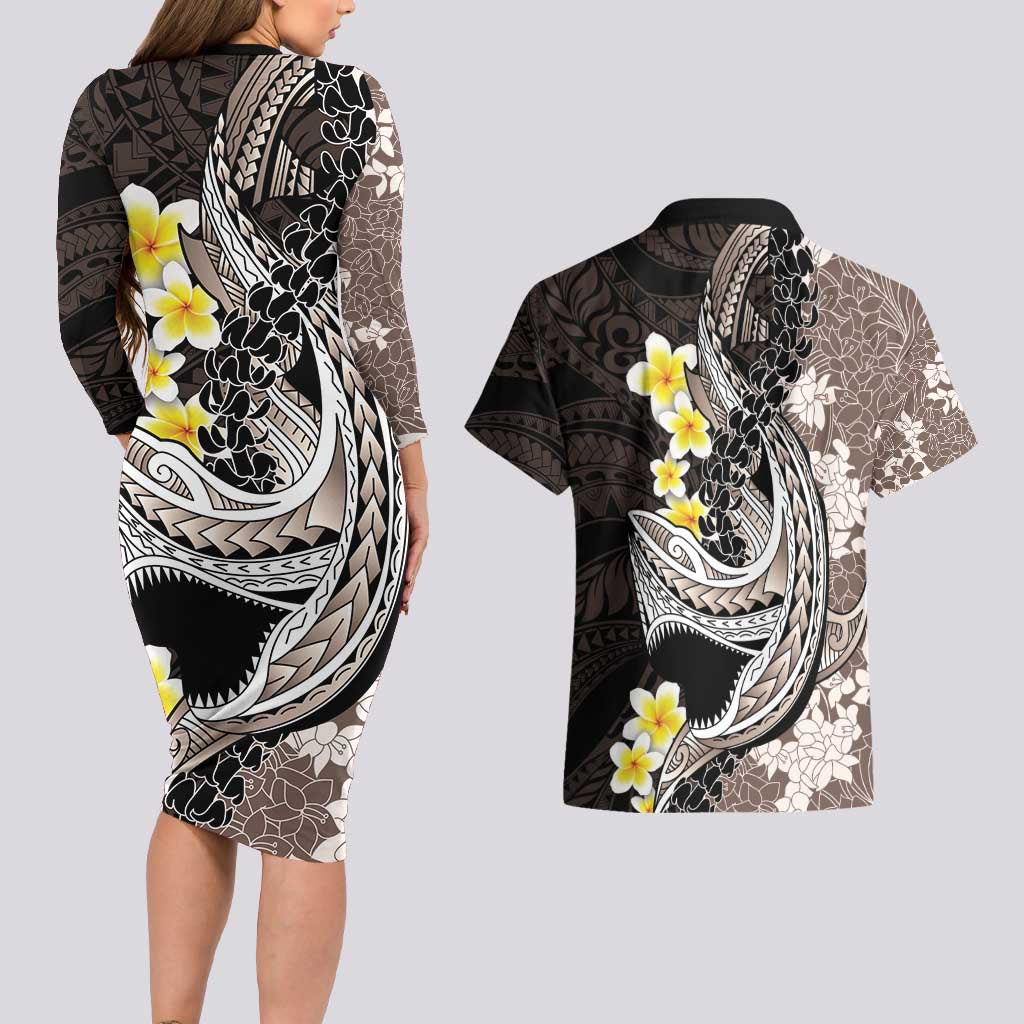 Brown and Black Hawaii Shark Tattoo Couples Matching Long Sleeve Bodycon Dress and Hawaiian Shirt Puakenikeni Lei Plumeria Polynesian Pattern - Polynesian Pride