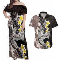 Brown and Black Hawaii Shark Tattoo Couples Matching Off Shoulder Maxi Dress and Hawaiian Shirt Puakenikeni Lei Plumeria Polynesian Pattern - Polynesian Pride