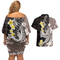 Brown and Black Hawaii Shark Tattoo Couples Matching Off Shoulder Short Dress and Hawaiian Shirt Puakenikeni Lei Plumeria Polynesian Pattern - Polynesian Pride