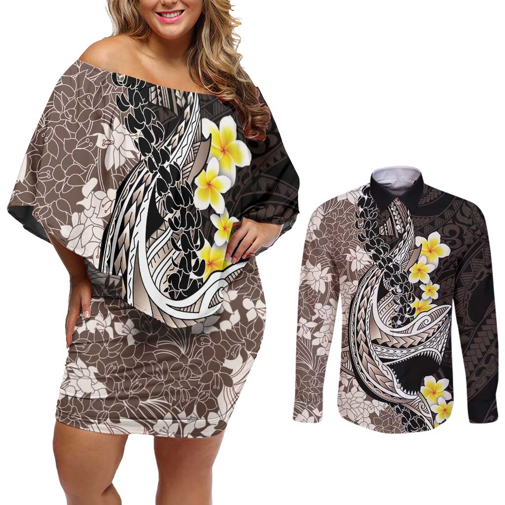 Brown and Black Hawaii Shark Tattoo Couples Matching Off Shoulder Short Dress and Long Sleeve Button Shirt Puakenikeni Lei Plumeria Polynesian Pattern - Polynesian Pride