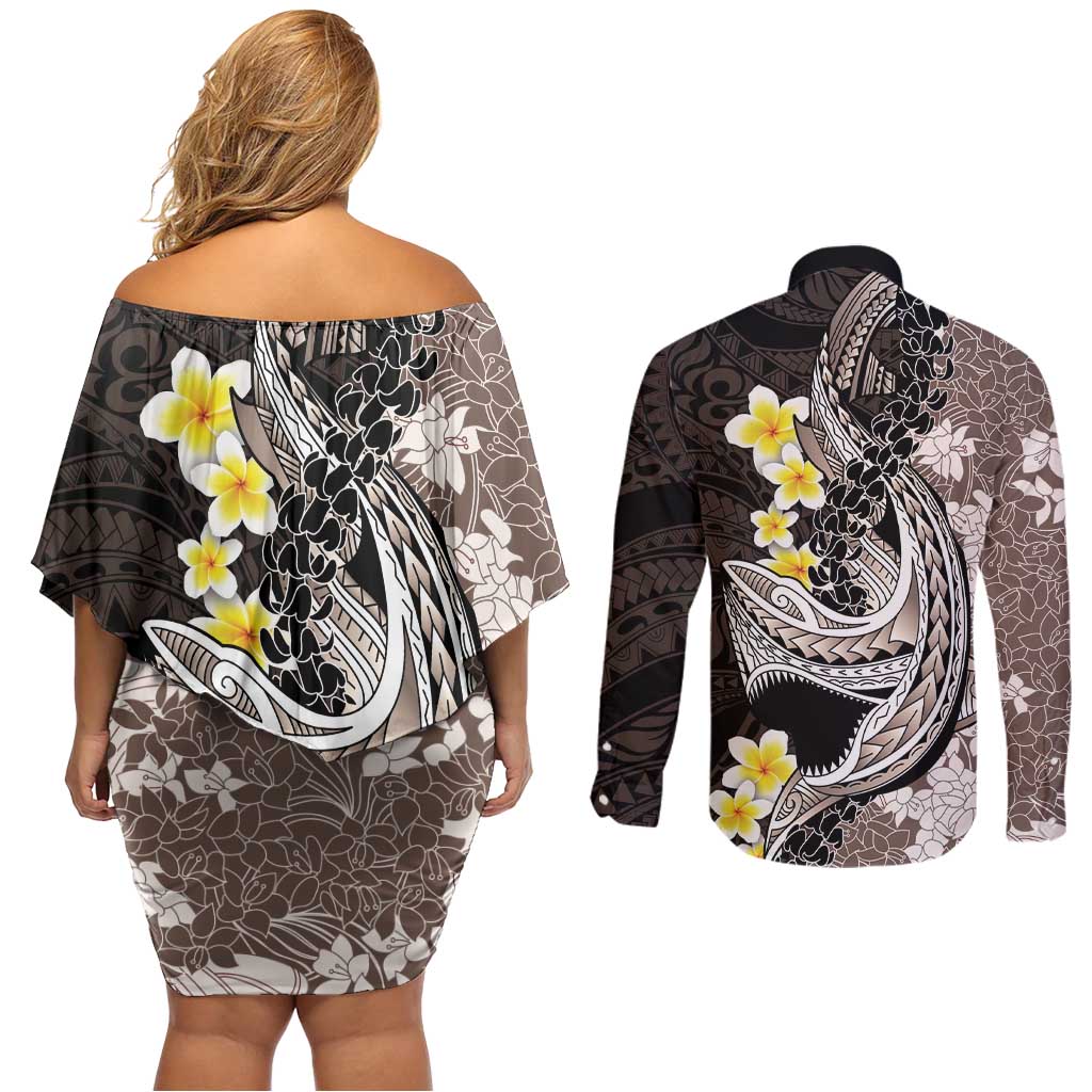 Brown and Black Hawaii Shark Tattoo Couples Matching Off Shoulder Short Dress and Long Sleeve Button Shirt Puakenikeni Lei Plumeria Polynesian Pattern - Polynesian Pride