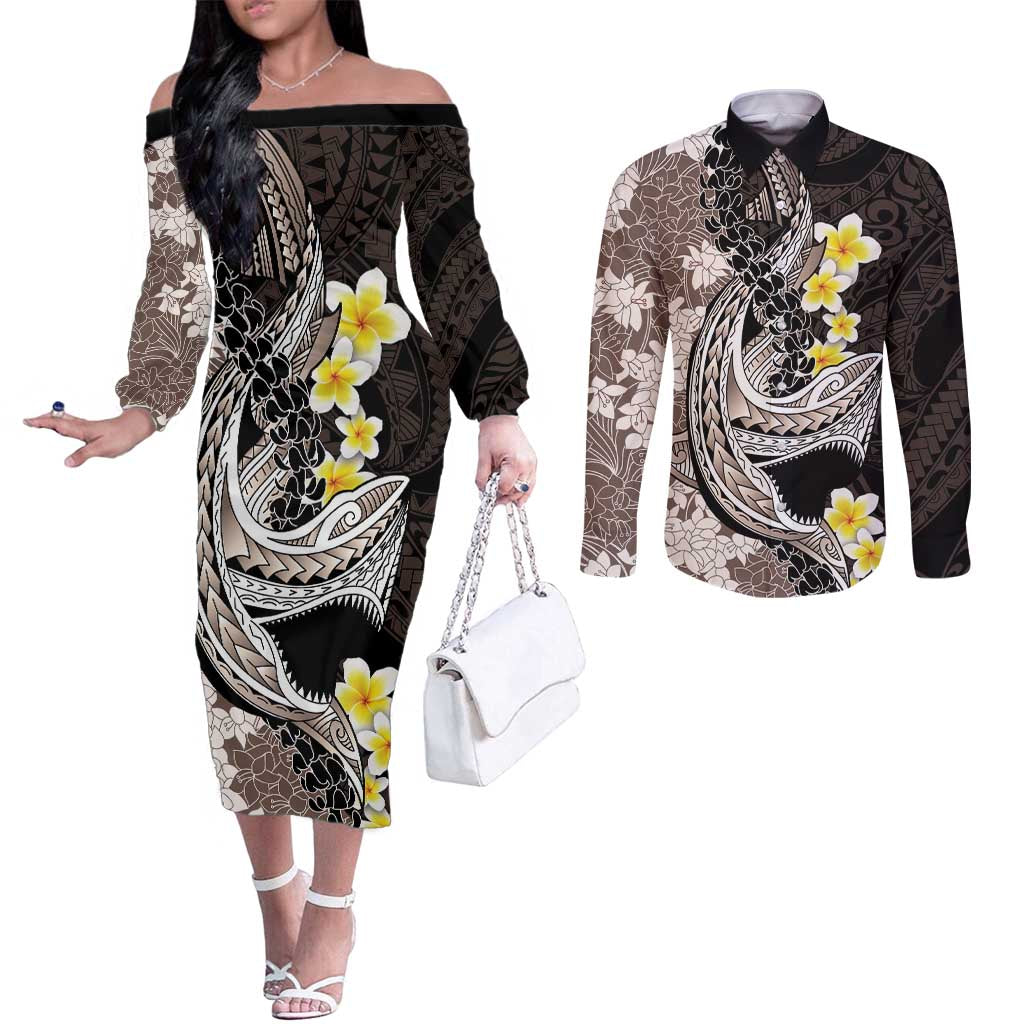 Brown and Black Hawaii Shark Tattoo Couples Matching Off The Shoulder Long Sleeve Dress and Long Sleeve Button Shirt Puakenikeni Lei Plumeria Polynesian Pattern - Polynesian Pride