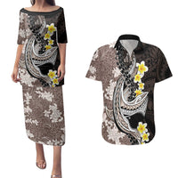 Brown and Black Hawaii Shark Tattoo Couples Matching Puletasi and Hawaiian Shirt Puakenikeni Lei Plumeria Polynesian Pattern - Polynesian Pride