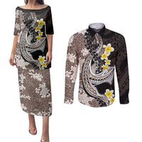 Brown and Black Hawaii Shark Tattoo Couples Matching Puletasi and Long Sleeve Button Shirt Puakenikeni Lei Plumeria Polynesian Pattern - Polynesian Pride