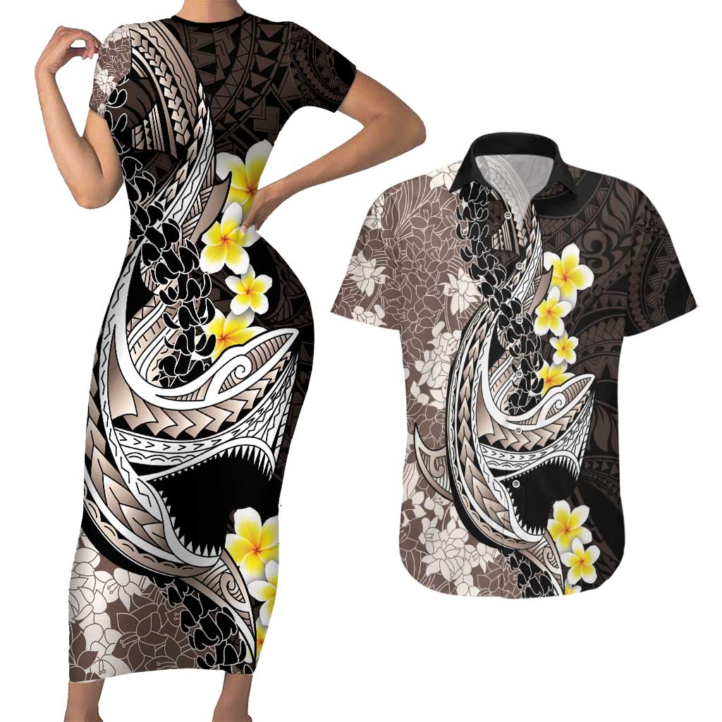 Brown and Black Hawaii Shark Tattoo Couples Matching Short Sleeve Bodycon Dress and Hawaiian Shirt Puakenikeni Lei Plumeria Polynesian Pattern - Polynesian Pride