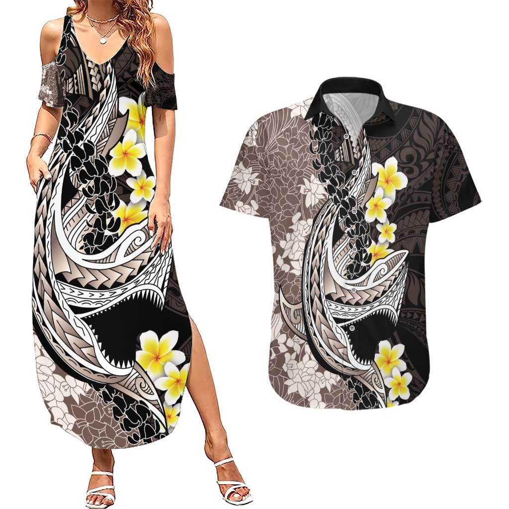 Brown and Black Hawaii Shark Tattoo Couples Matching Summer Maxi Dress and Hawaiian Shirt Puakenikeni Lei Plumeria Polynesian Pattern - Polynesian Pride
