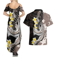 Brown and Black Hawaii Shark Tattoo Couples Matching Summer Maxi Dress and Hawaiian Shirt Puakenikeni Lei Plumeria Polynesian Pattern - Polynesian Pride