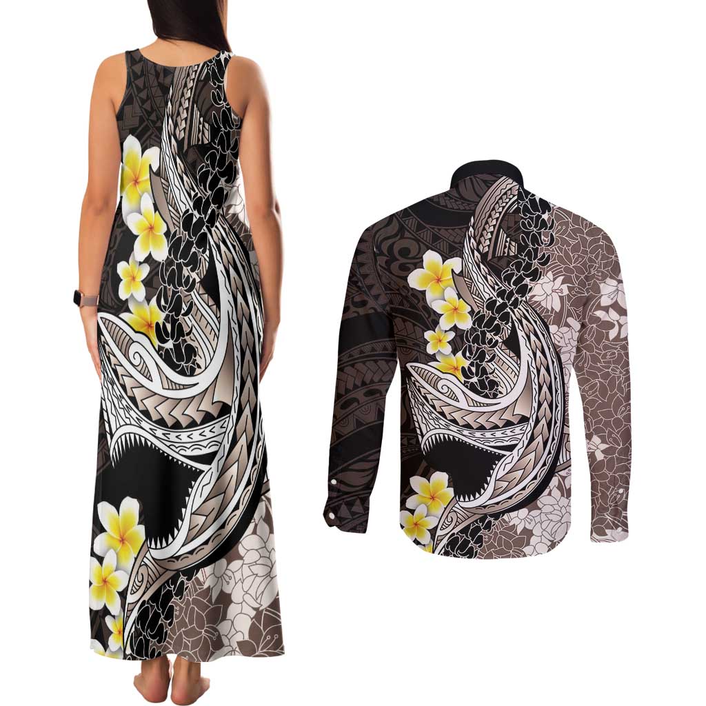 Brown and Black Hawaii Shark Tattoo Couples Matching Tank Maxi Dress and Long Sleeve Button Shirt Puakenikeni Lei Plumeria Polynesian Pattern - Polynesian Pride