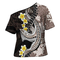Brown and Black Hawaii Shark Tattoo Cross Shoulder Shirt Puakenikeni Lei Plumeria Polynesian Pattern - Polynesian Pride